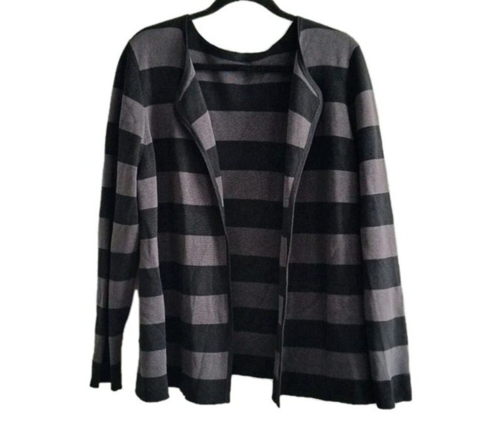 Eileen Fisher XL? Black Gray Striped Open Front Cardigan Silk Blend Thick NEW